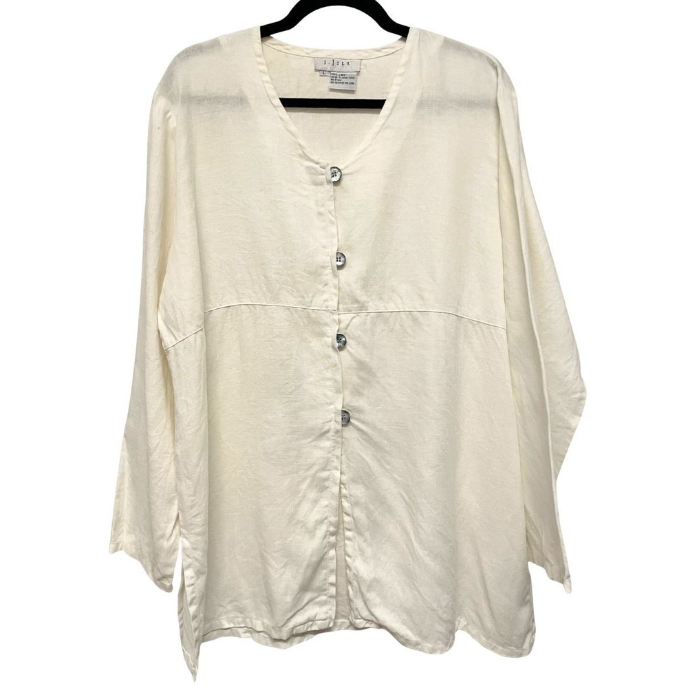 Vintage 90s J Jill 100% Linen Tunic Jacket Womens L Ivory Lagenlook Oversized